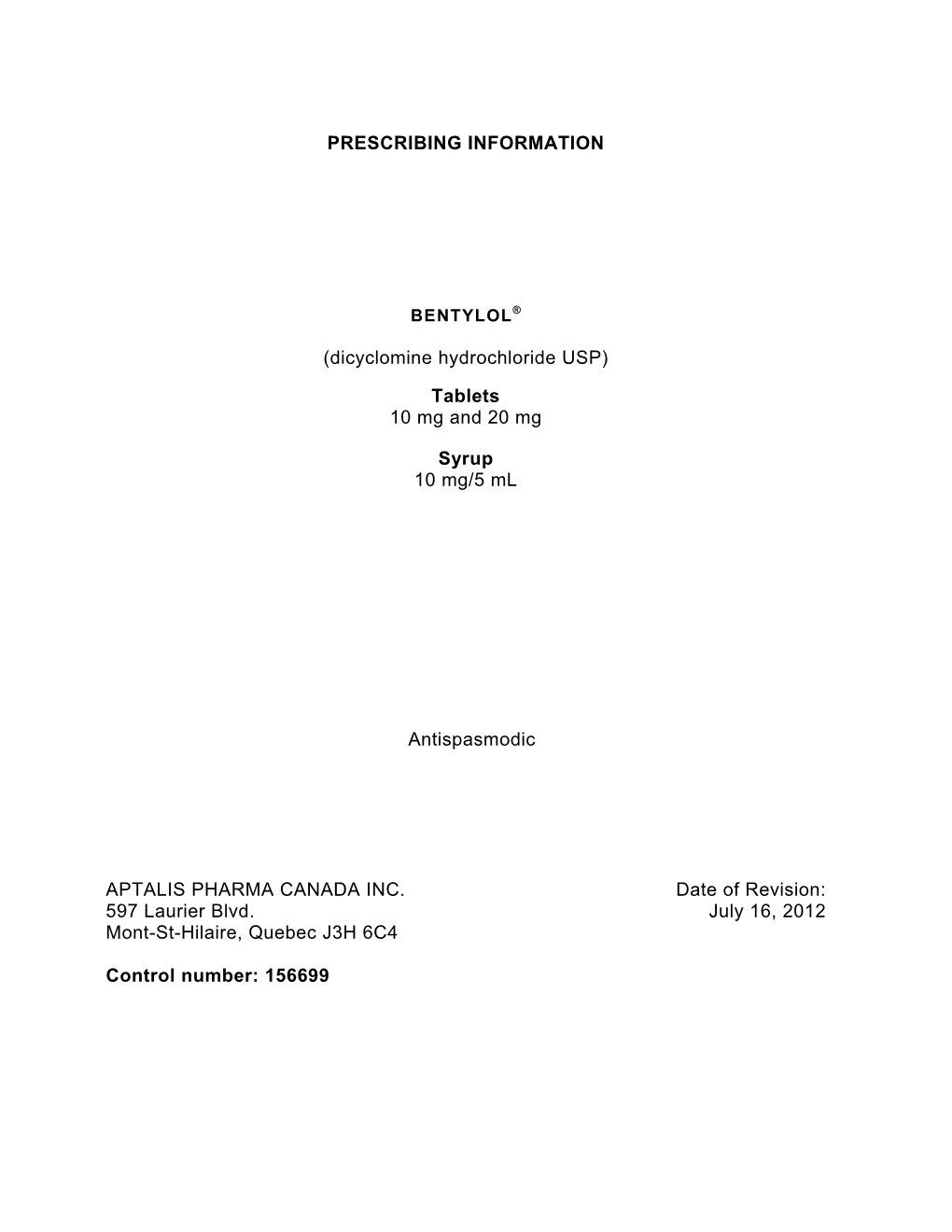 PRESCRIBING INFORMATION (Dicyclomine Hydrochloride USP