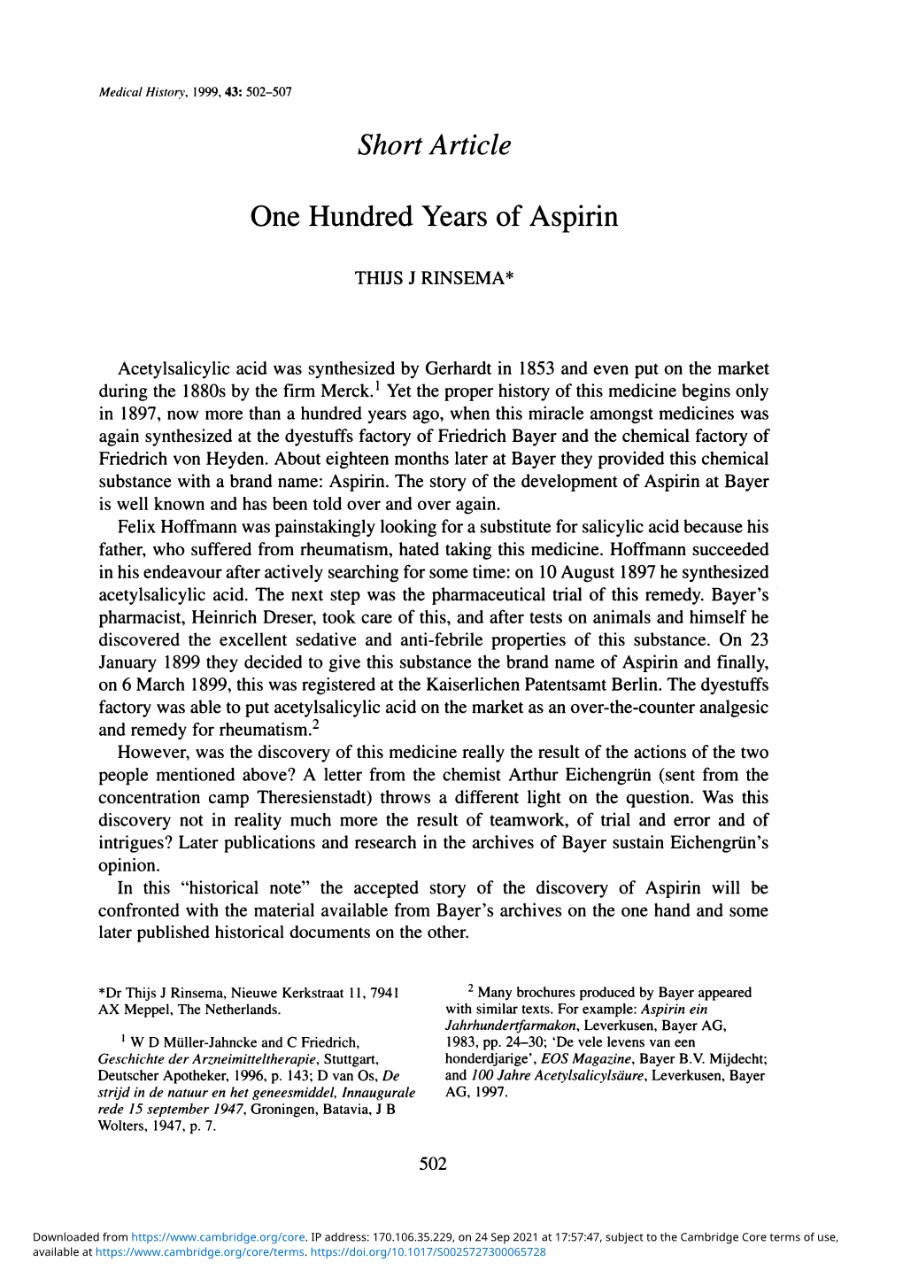 Short Article One Hundred Years of Aspirin