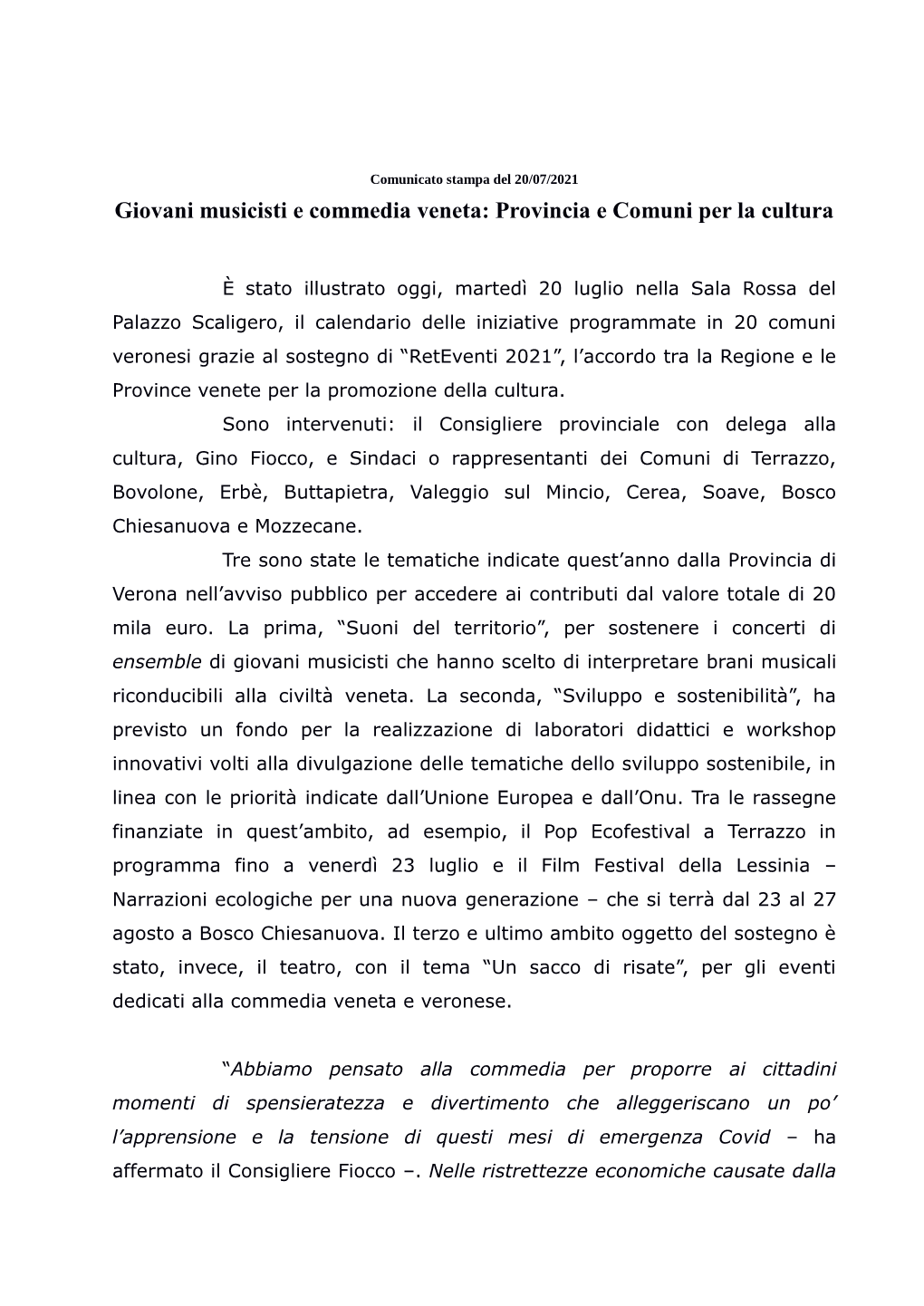 Comunicato Stampa Del 20/07/2021