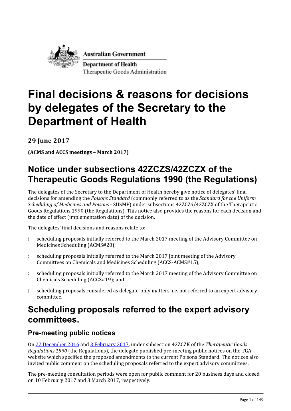 Final Decisions & Reasons for Decisions by Delegates of the Secretary to the Department of Health