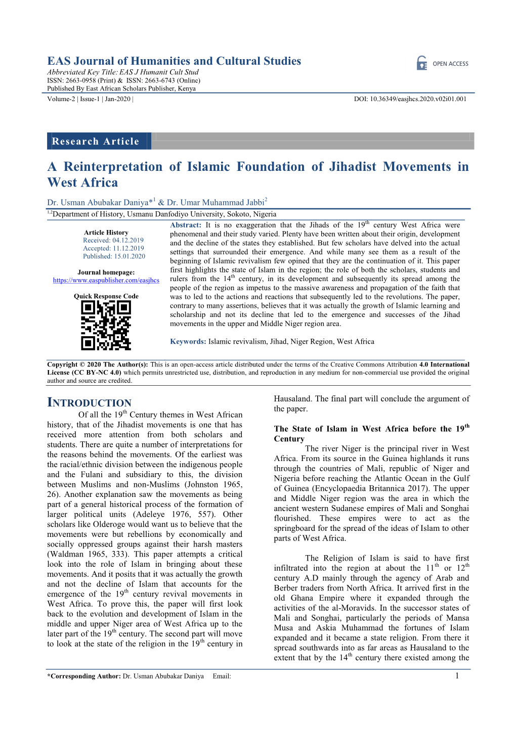 A Reinterpretation of Islamic Foundation of Jihadist Movements in West Africa