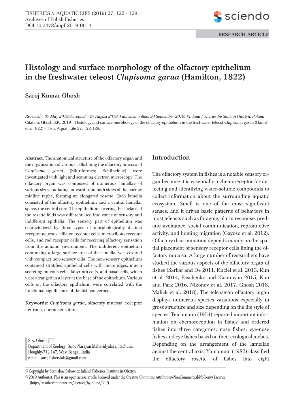 Histology and Surface Morphology of the Olfactory Epithelium in the Freshwater Teleost Clupisoma Garua (Hamilton, 1822)