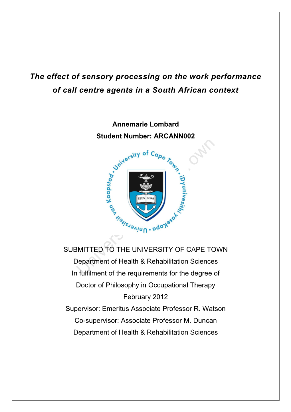 The Effect of Sensory Processing on the Work Performance of Call Centre Agents in a South African Context