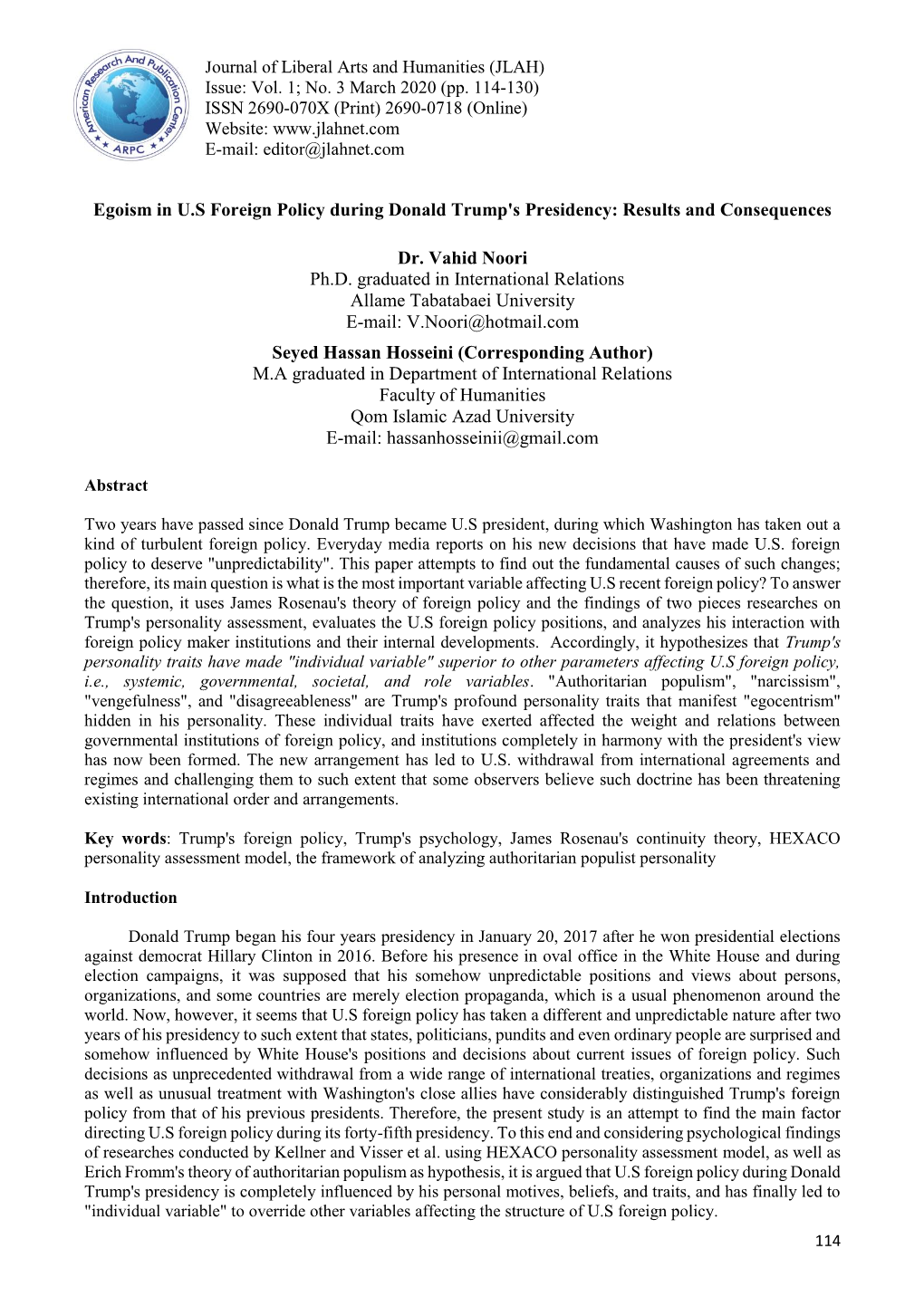 Egoism in U.S Foreign Policy During Donald Trump's Presidency: Results and Consequences