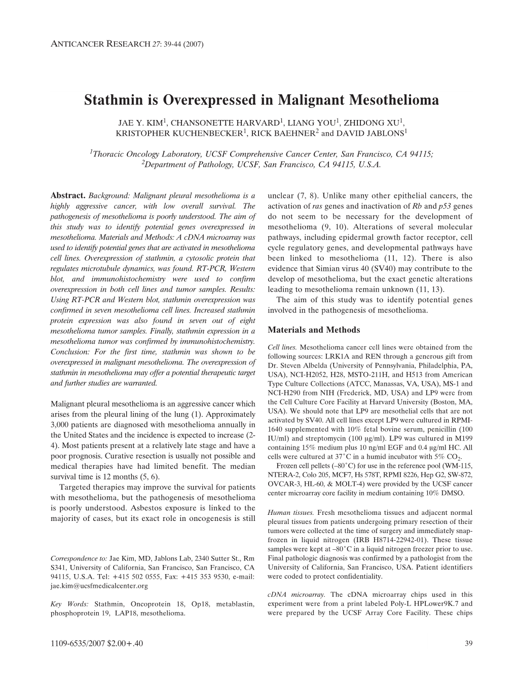 Stathmin Is Overexpressed in Malignant Mesothelioma