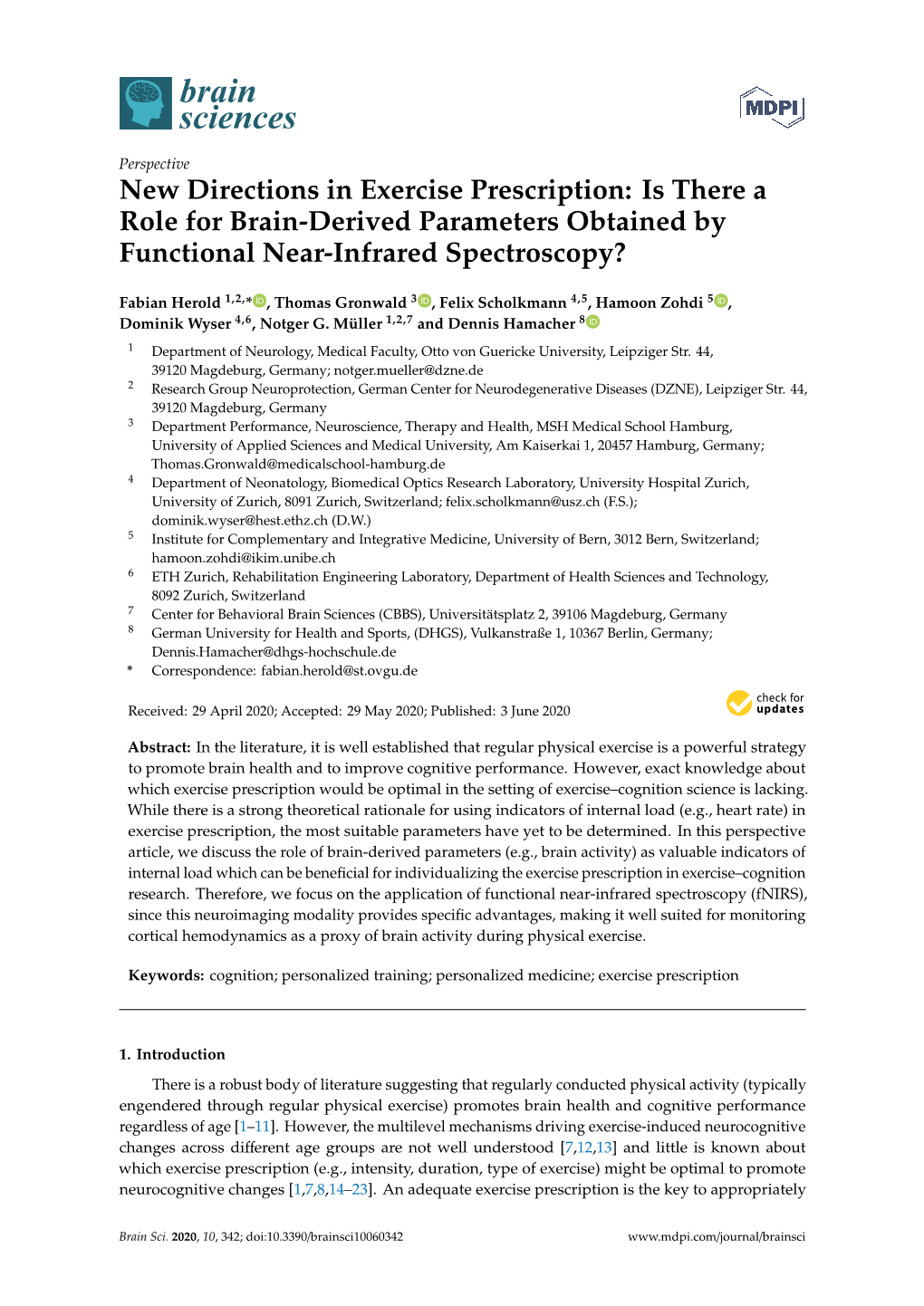 New Directions in Exercise Prescription: Is There a Role for Brain-Derived Parameters Obtained by Functional Near-Infrared Spectroscopy?