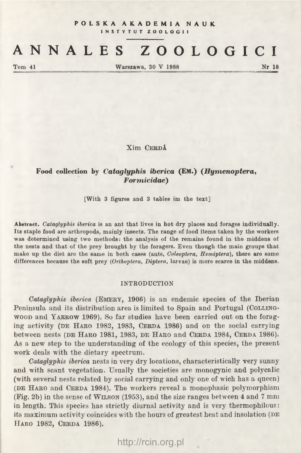 Food Collection by Cataglyphis Iberica (EM.) (Hymenoptera, Formicidae)