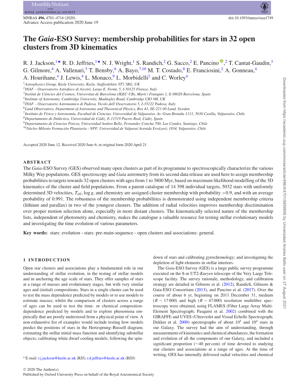 The Gaia-ESO Survey: Membership Probabilities for Stars in 32 Open Clusters from 3D Kinematics