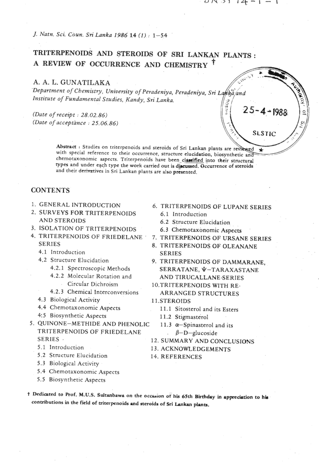 Triterpenoids and Steroios of Sri Lankan Plants : a Review of Occurrence and Chemistry '