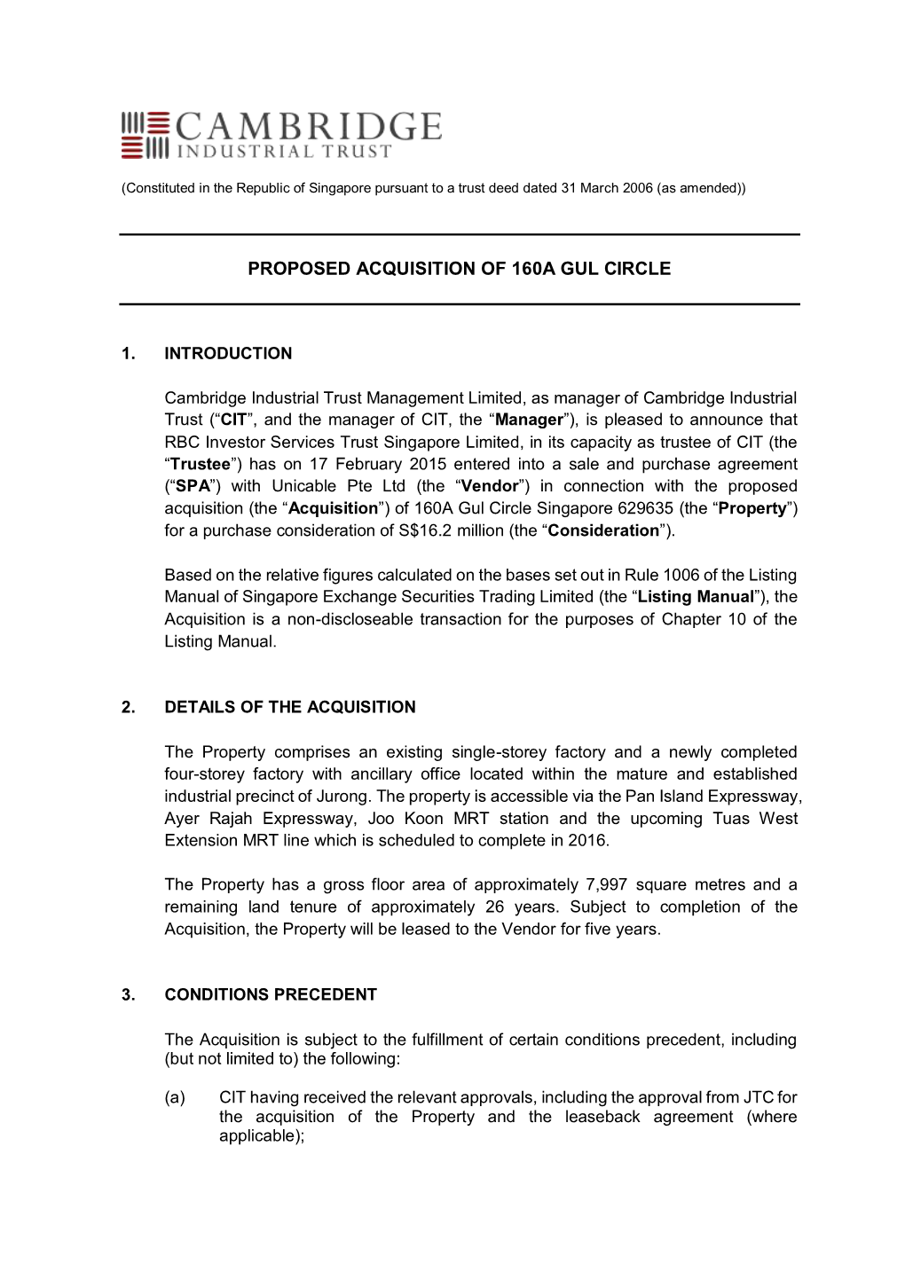 Proposed Acquisition of 160A Gul Circle