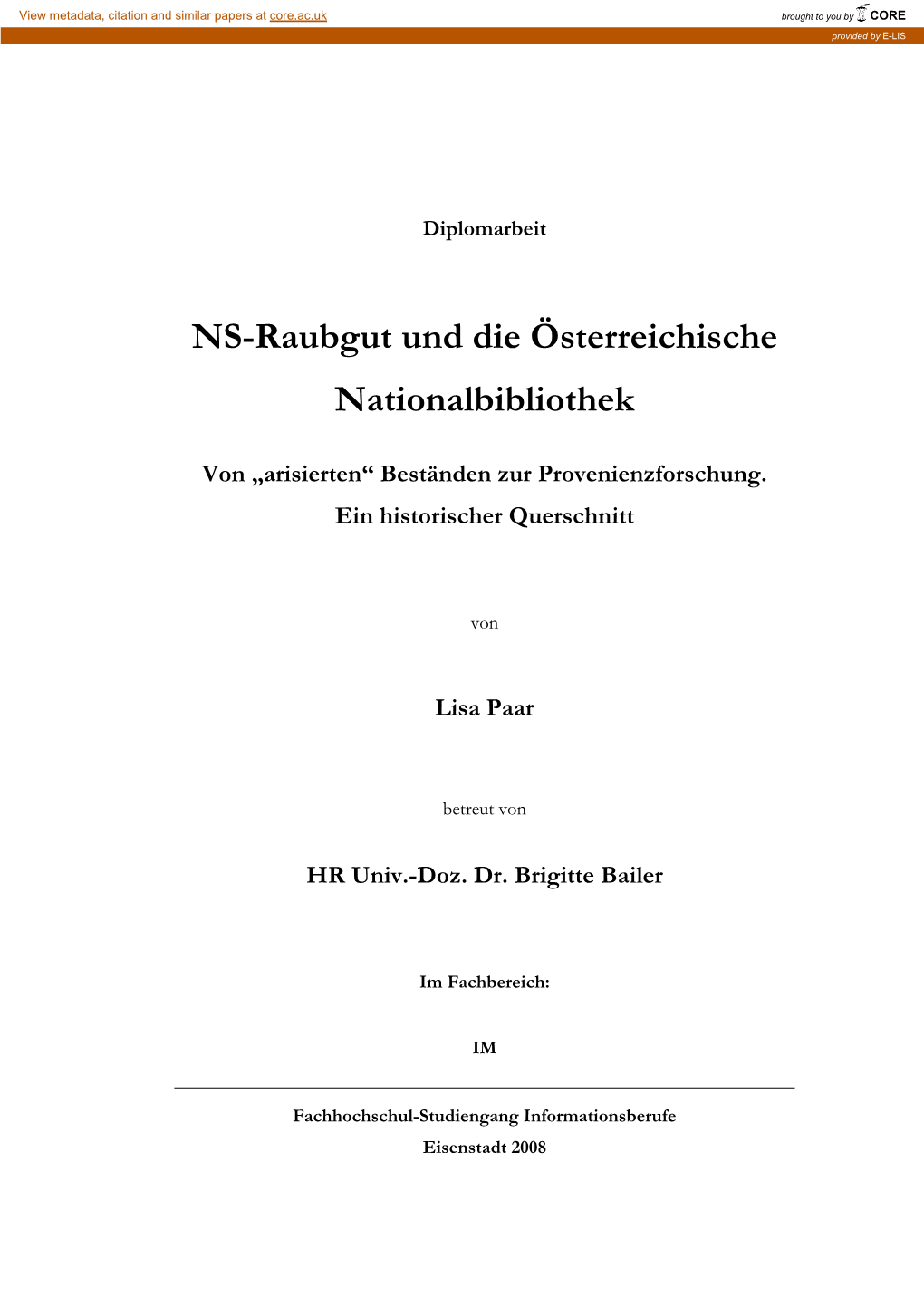 NS-Raubgut Und Die Österreichische Nationalbibliothek