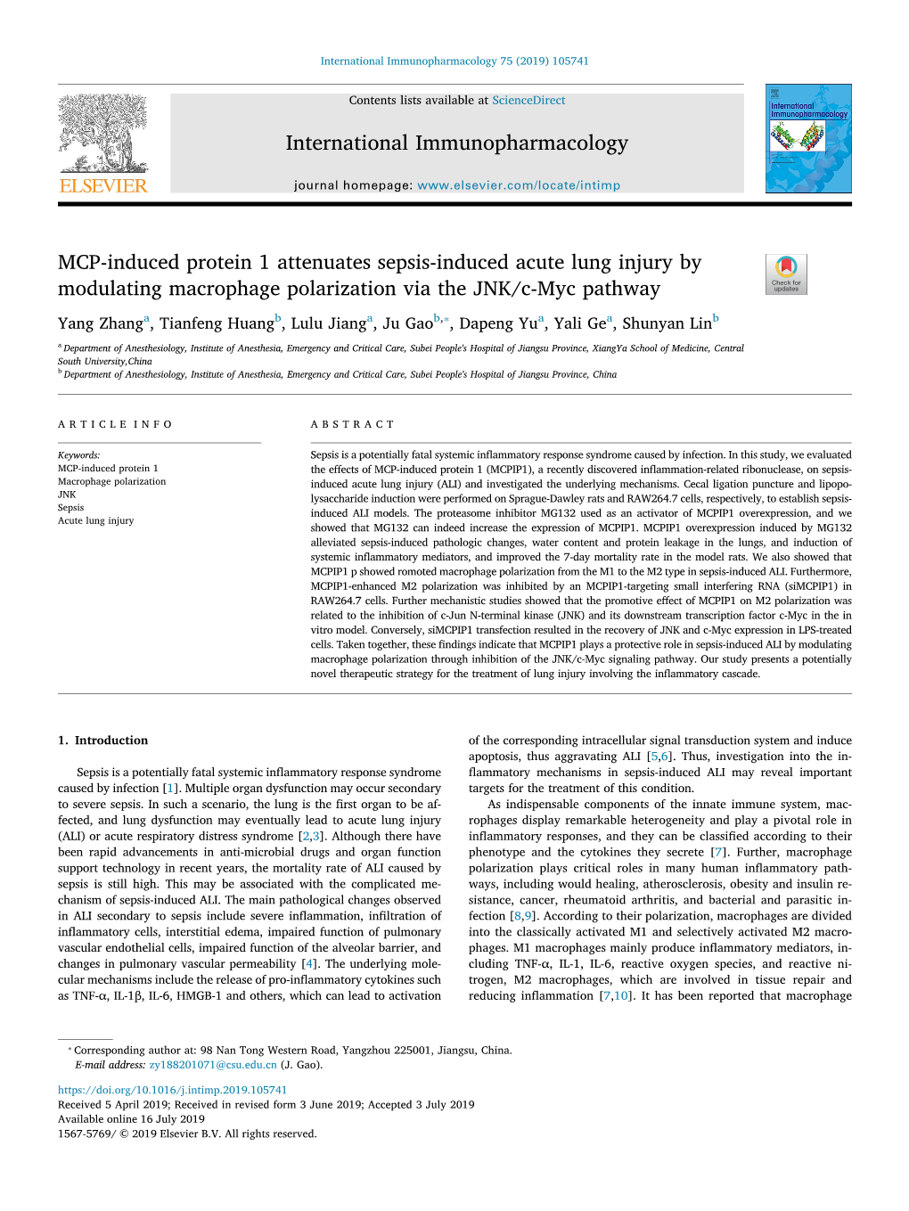 MCP-Induced Protein 1 Attenuates Sepsis-Induced Acute Lung Injury By