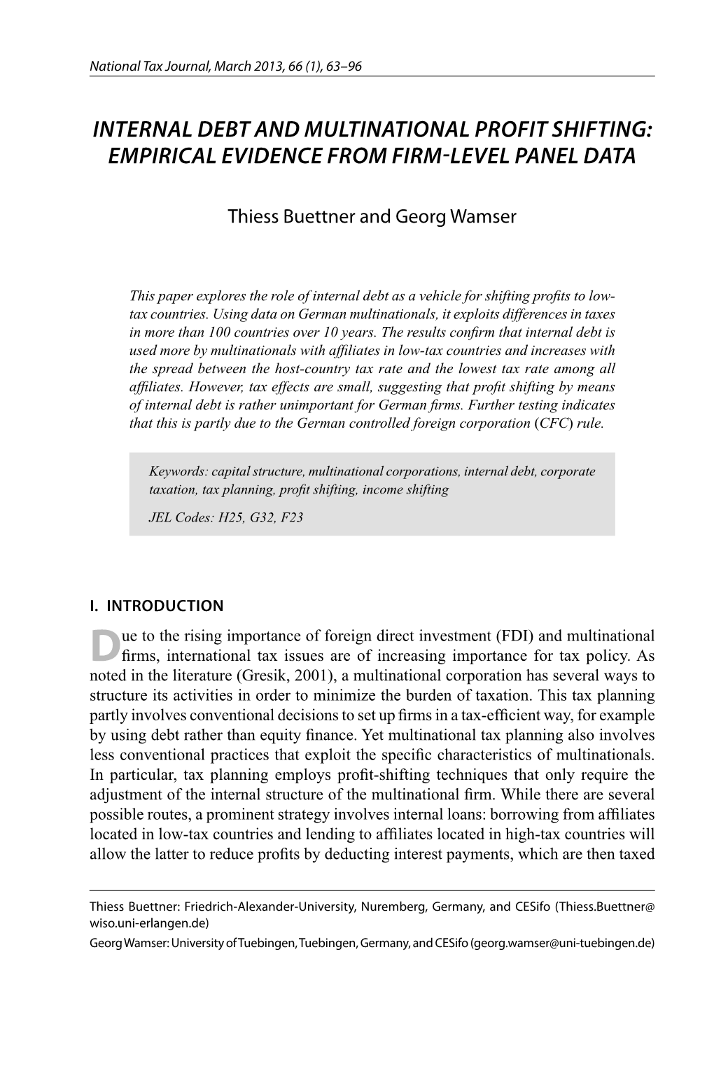 Internal Debt and Multinational Profit Shifting: Empirical Evidence from Firm-Level Panel Data