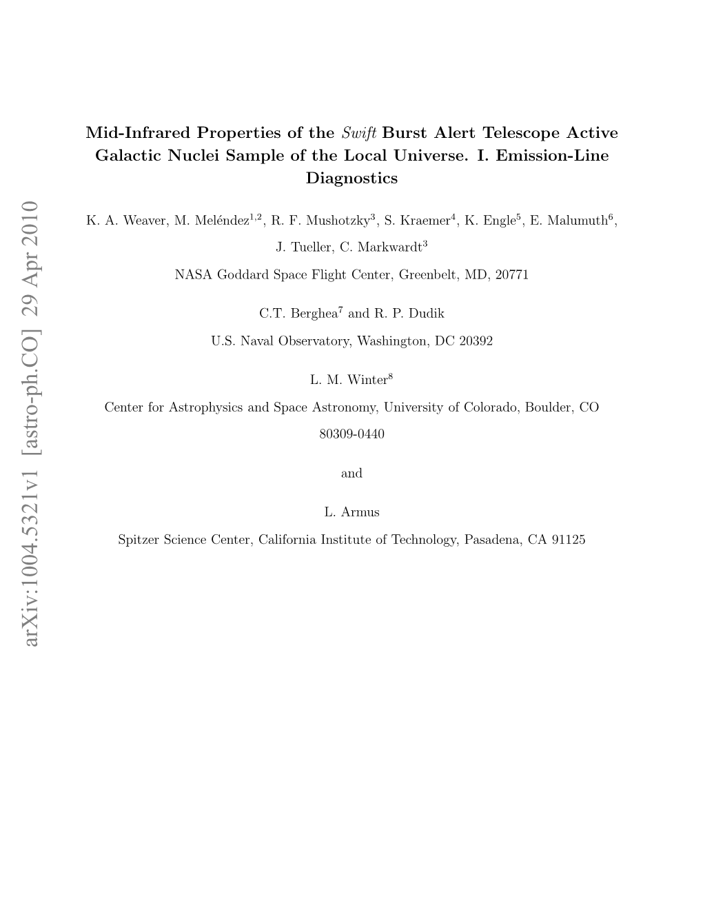 Arxiv:1004.5321V1 [Astro-Ph.CO] 29 Apr 2010 I-Nrrdpoete Fthe of Properties Mid-Infrared .A Evr .Mel´Endez M
