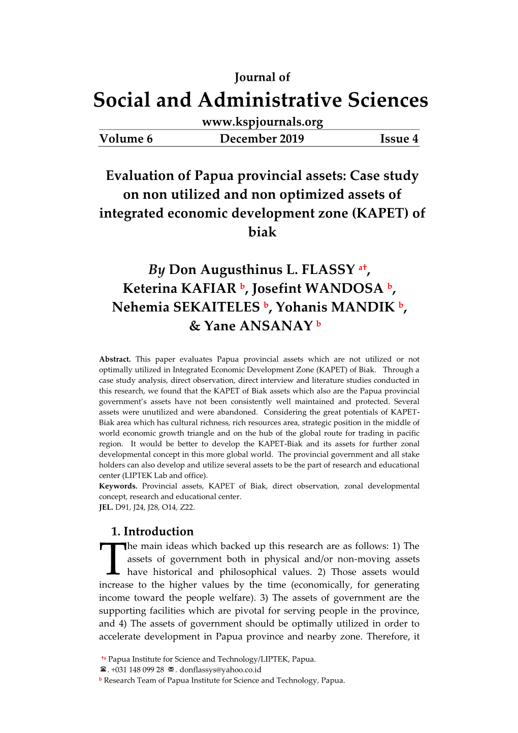 Social and Administrative Sciences Volume 6 December 2019 Issue 4