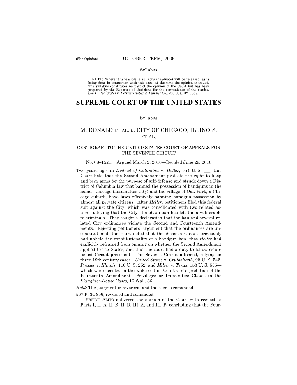 08-1521 Mcdonald V. Chicago (06/28/2010)