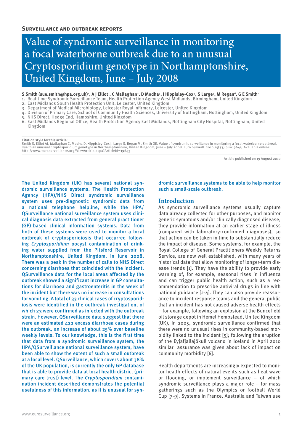 Value of Syndromic Surveillance in Monitoring a Focal Waterborne