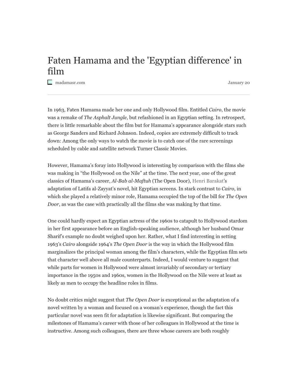 Faten Hamama and the 'Egyptian Difference' in Film Madamasr.Com January 20