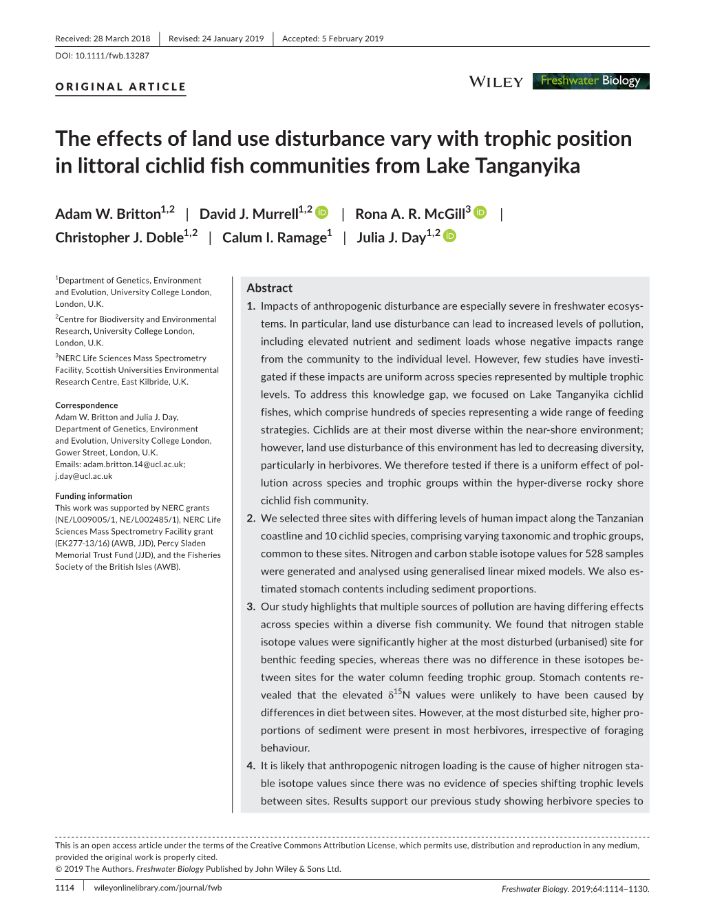 The Effects of Land Use Disturbance Vary with Trophic Position in Littoral Cichlid Fish Communities from Lake Tanganyika