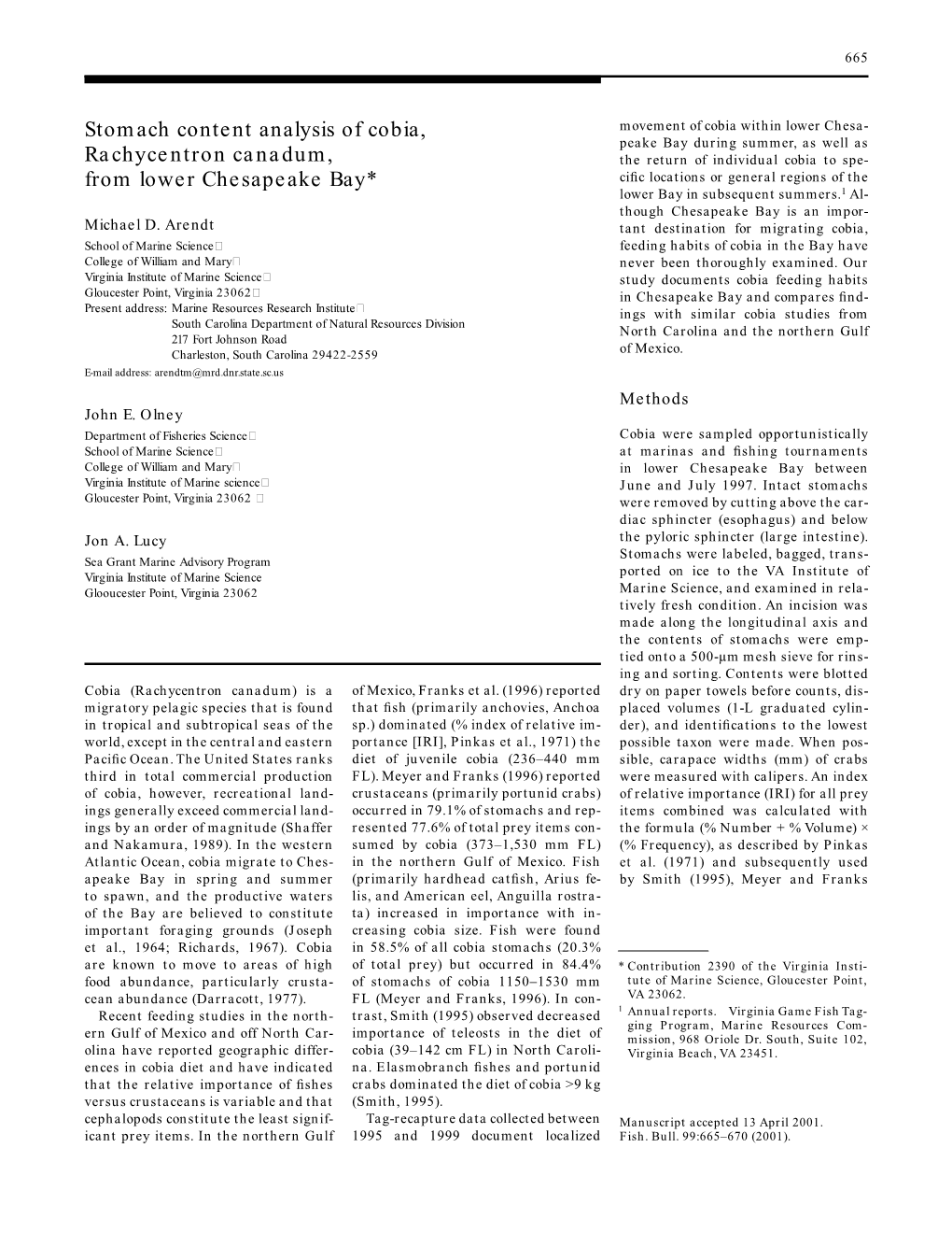 Stomach Content Analysis of Cobia, Rachycentron Canadum, from Lower