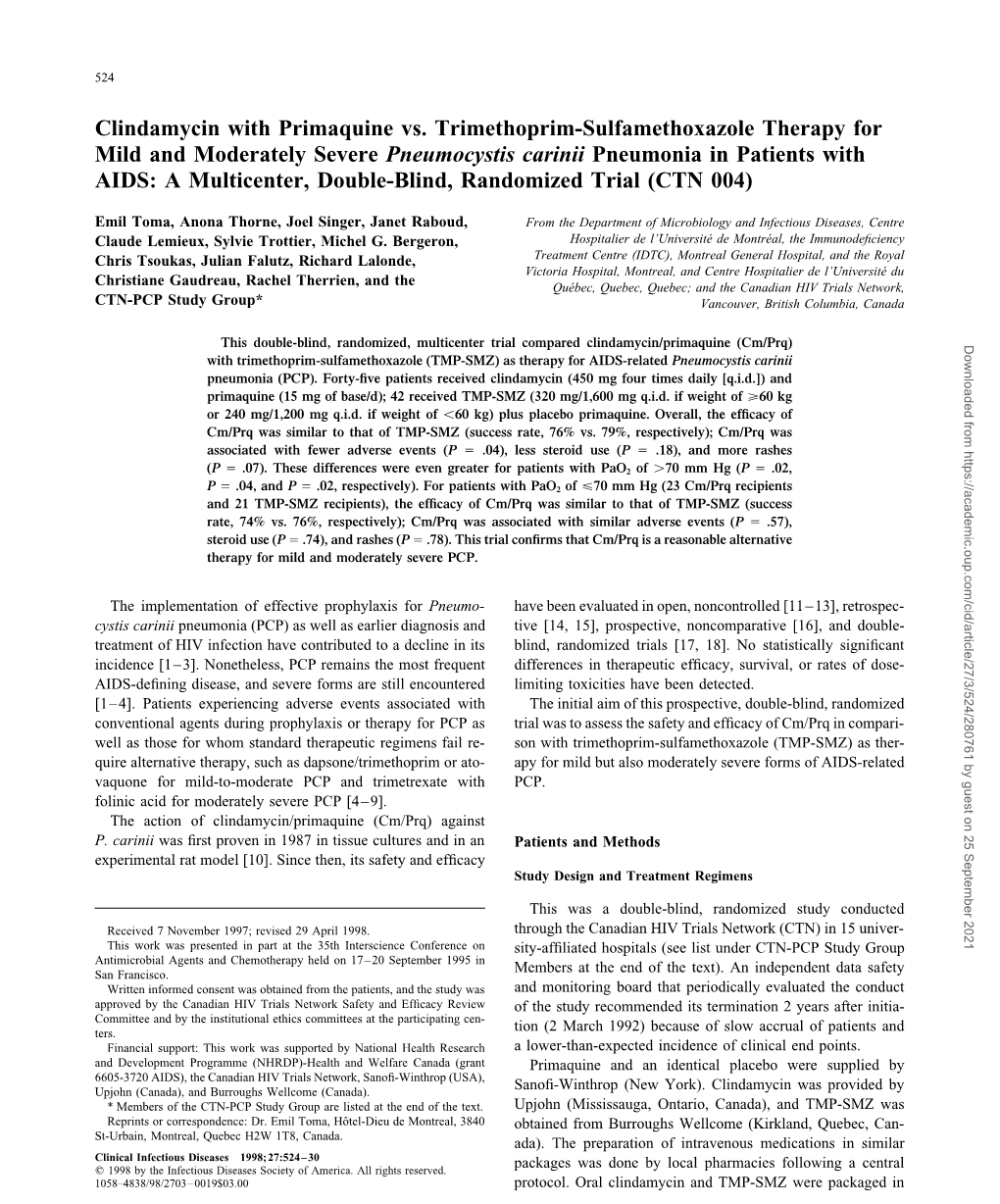 Clindamycin with Primaquine Vs. Trimethoprim-Sulfamethoxazole