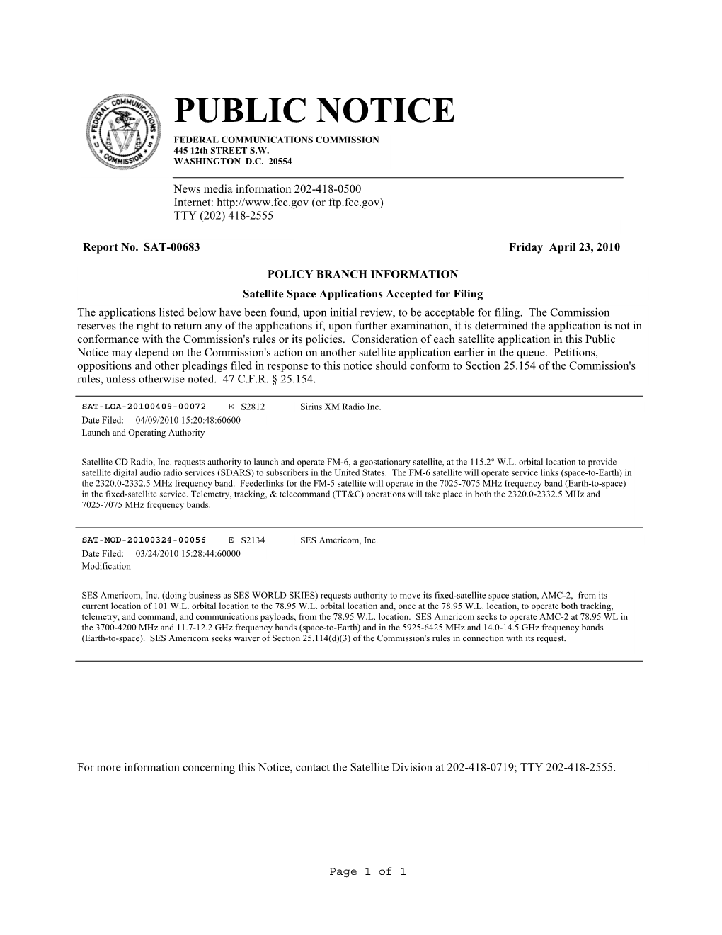 PUBLIC NOTICE FEDERAL COMMUNICATIONS COMMISSION 445 12Th STREET S.W