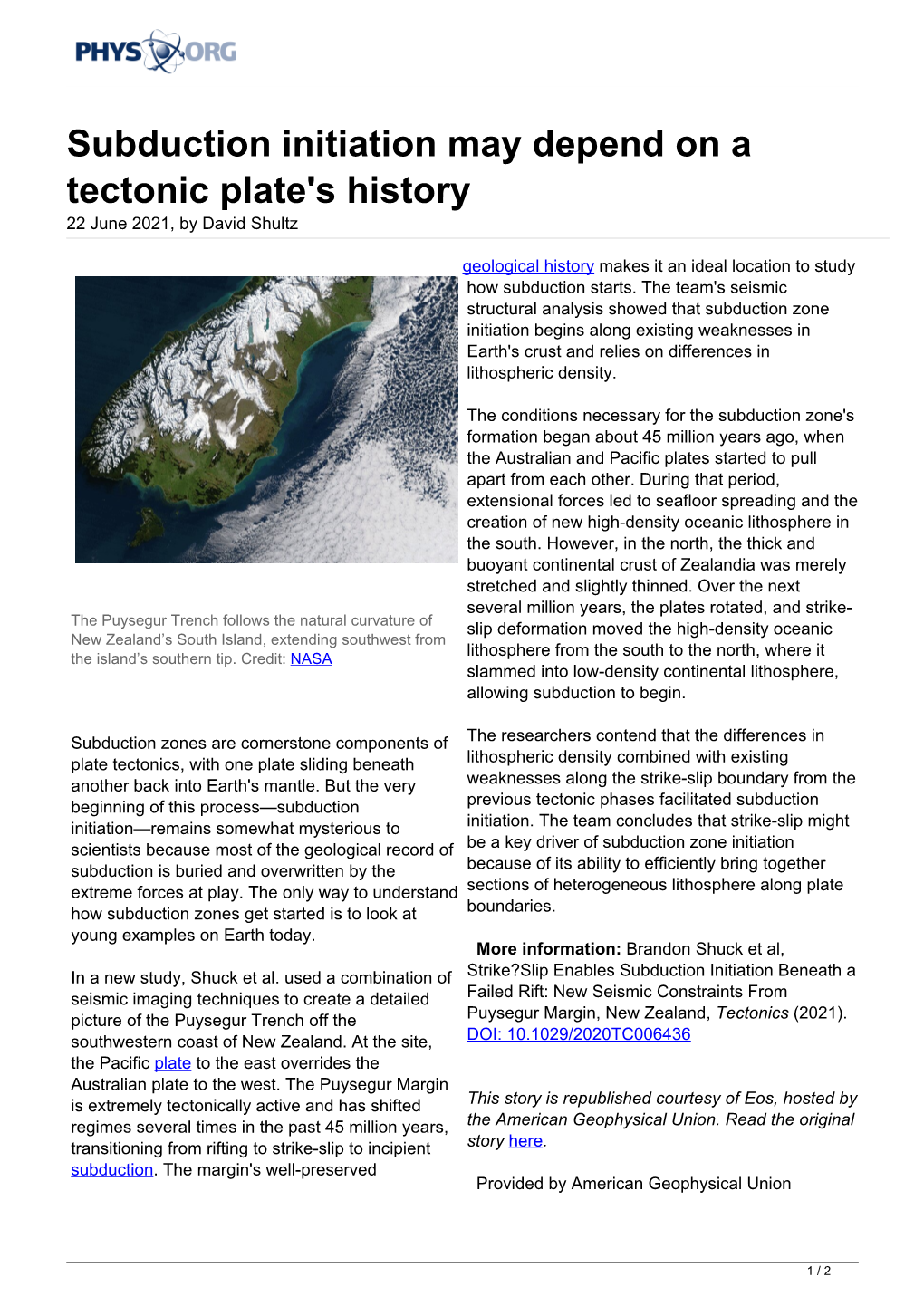 Subduction Initiation May Depend on a Tectonic Plate's History 22 June 2021, by David Shultz