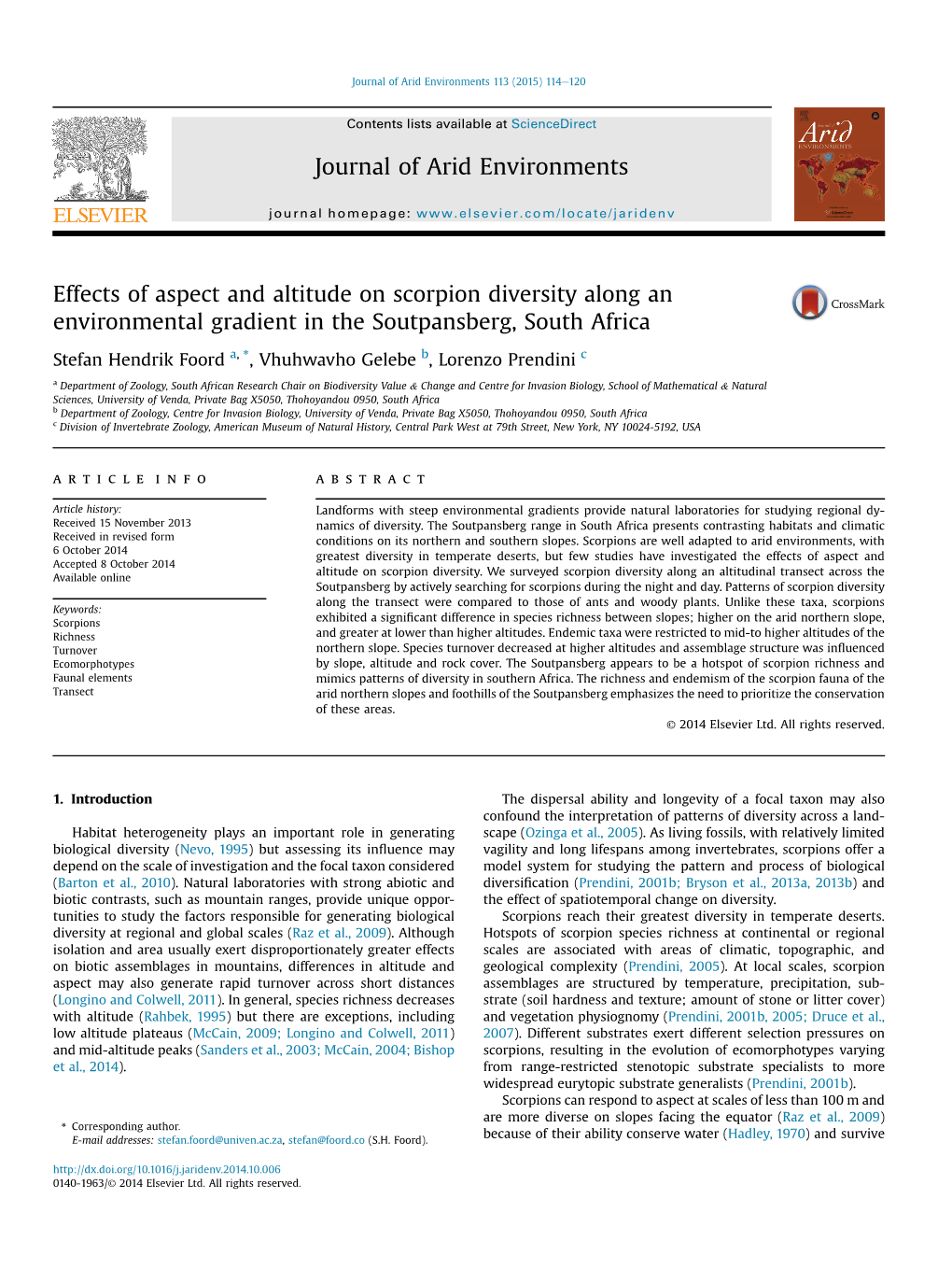 Effects of Aspect and Altitude on Scorpion Diversity Along an Environmental Gradient in the Soutpansberg, South Africa