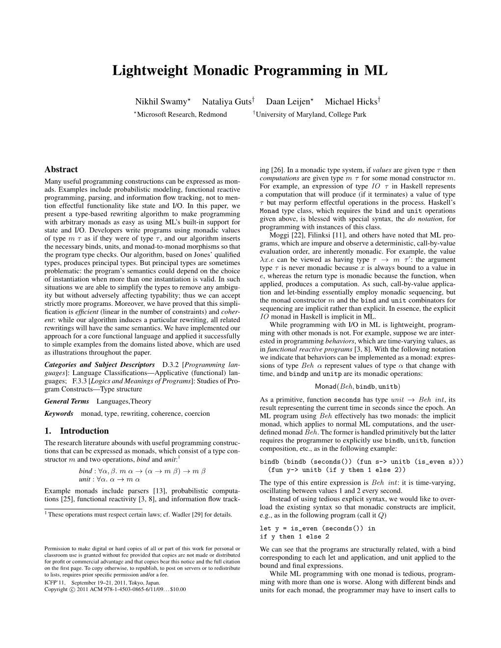 Lightweight Monadic Programming in ML