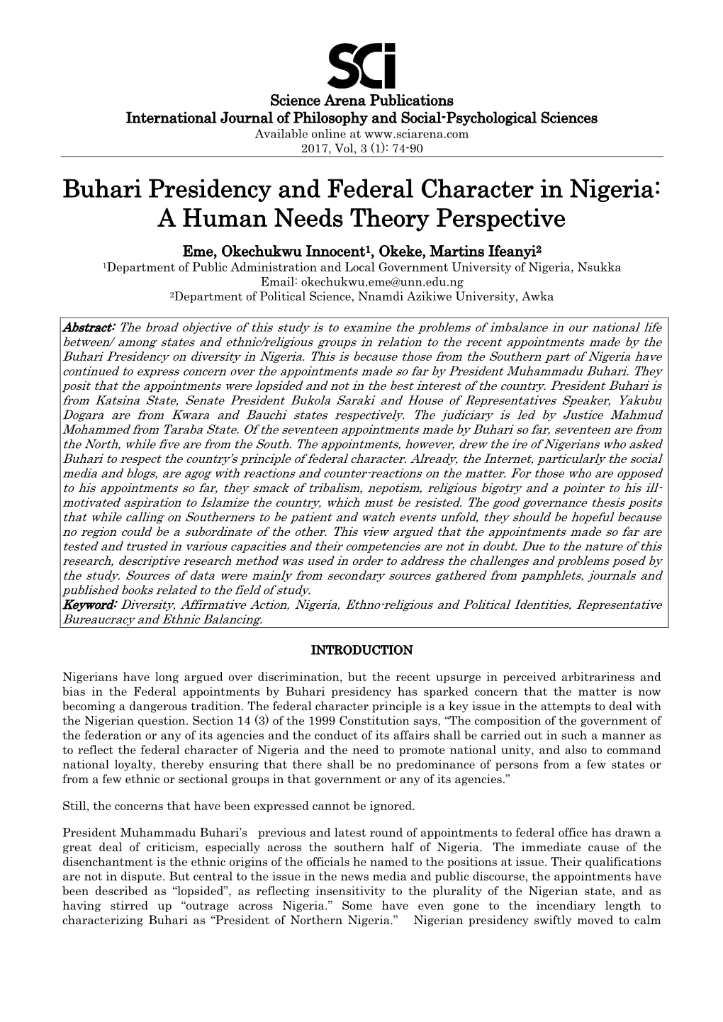 Buhari Presidency and Federal Character in Nigeria: a Human Needs Theory Perspective