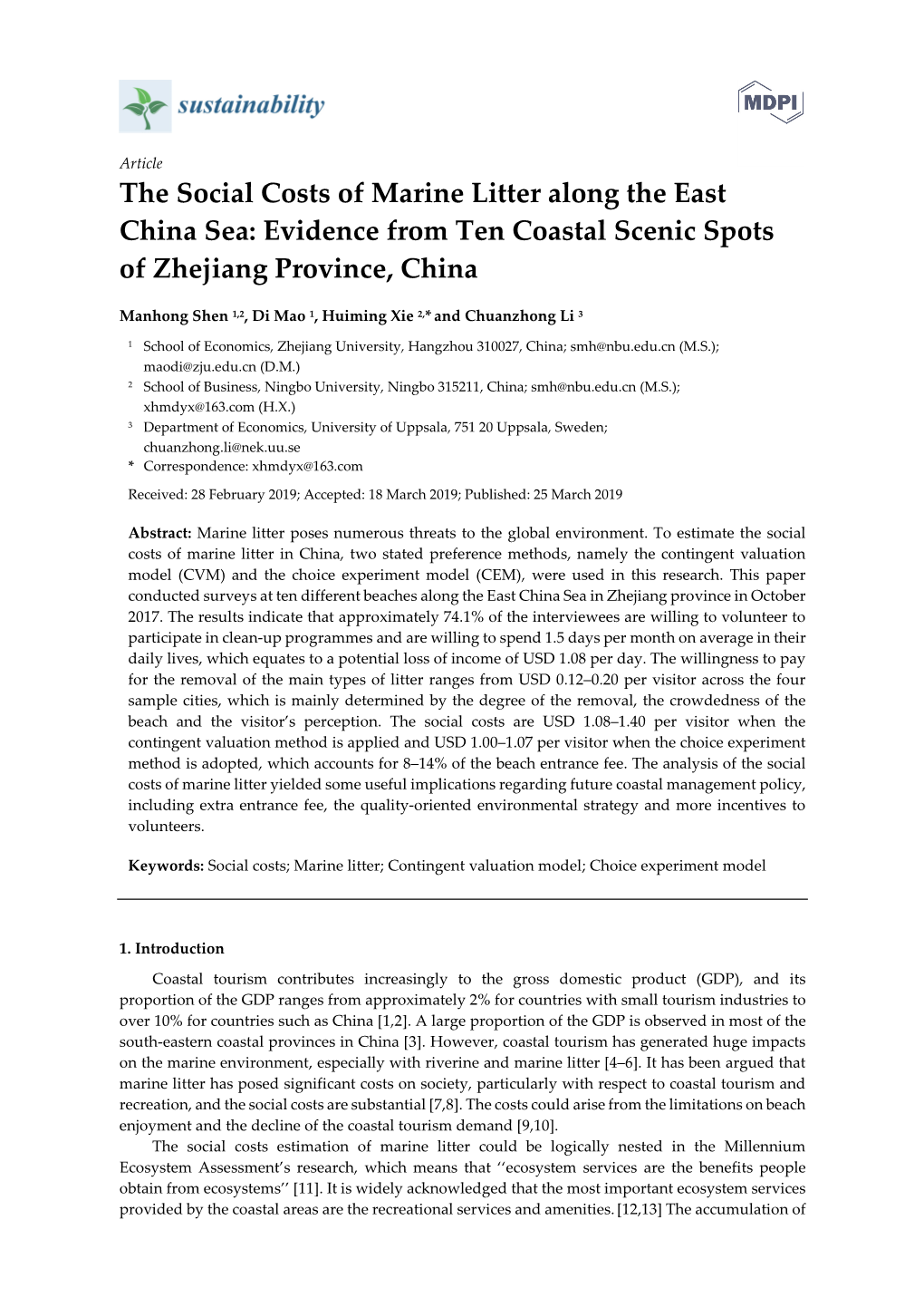 The Social Costs of Marine Litter Along the East China Sea: Evidence from Ten Coastal Scenic Spots of Zhejiang Province, China