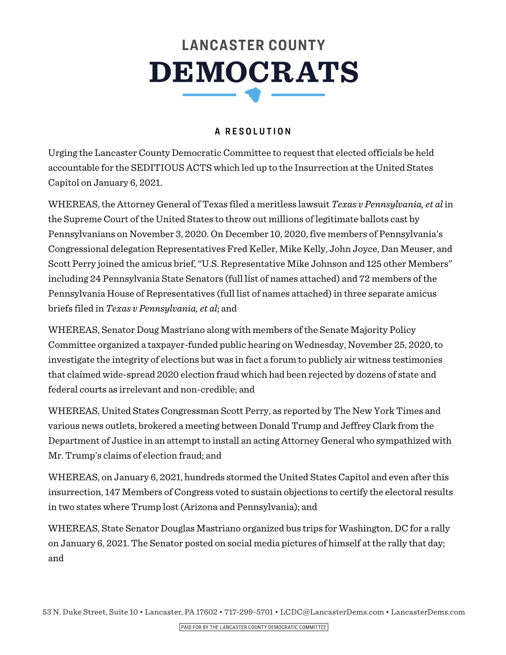 A RESOLUTION Urging the Lancaster County Democratic Committee To