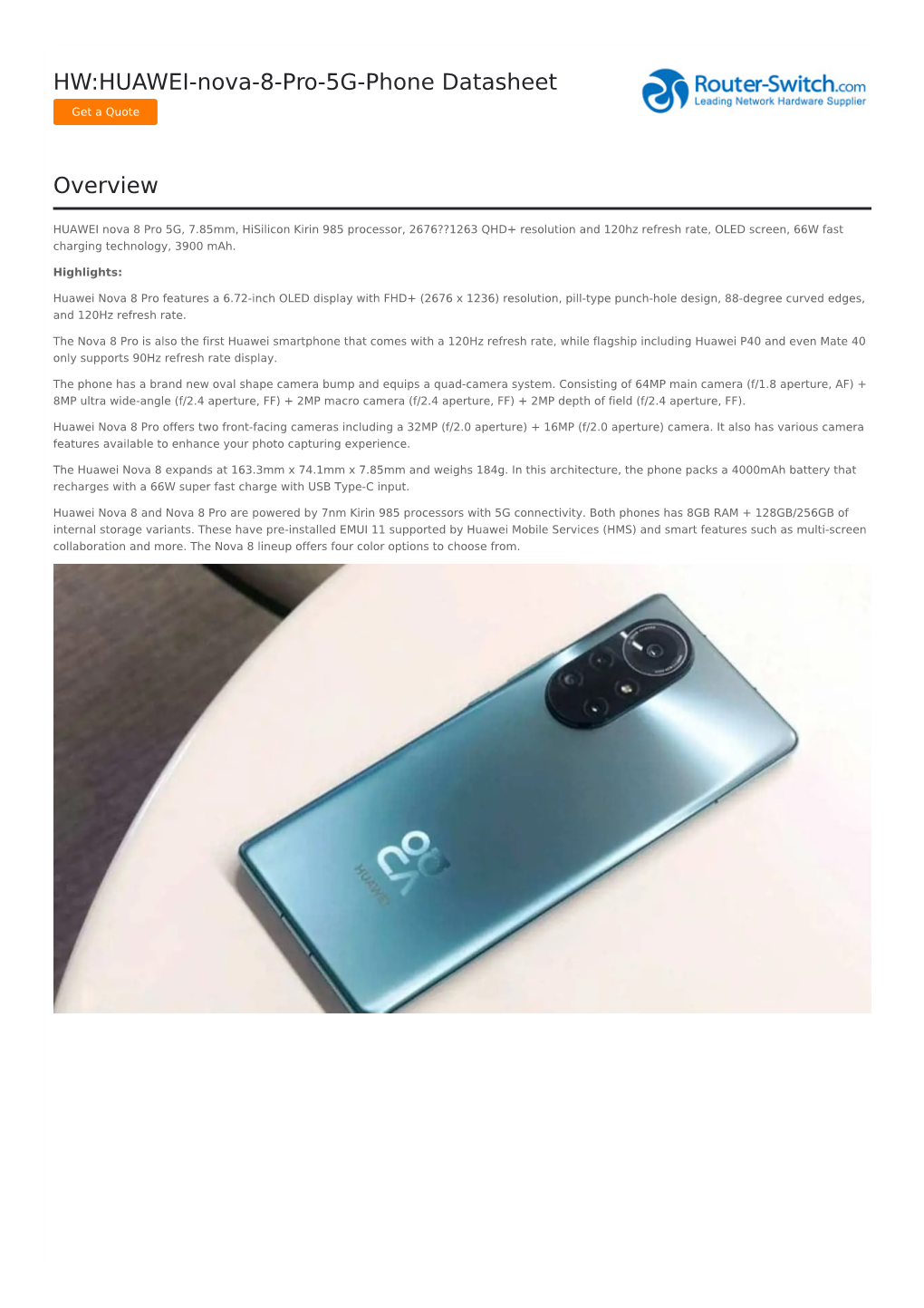 HW:HUAWEI-Nova-8-Pro-5G-Phone Datasheet