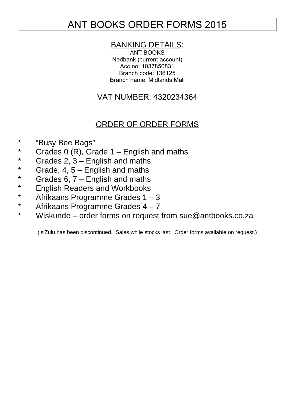 Ant Books Order Forms 2015