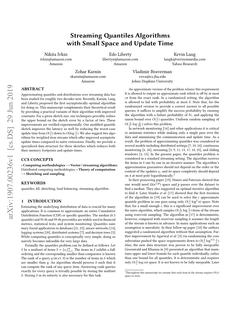 Streaming Quantiles Algorithms with Small Space and Update Time