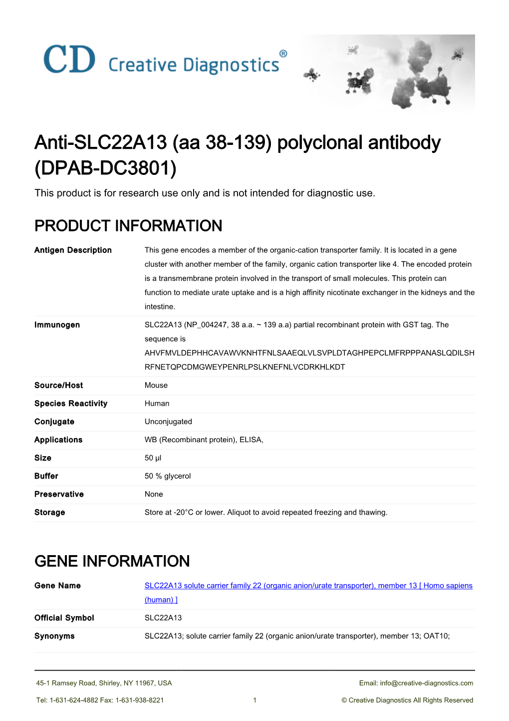Anti-SLC22A13 (Aa 38-139) Polyclonal Antibody (DPAB-DC3801) This Product Is for Research Use Only and Is Not Intended for Diagnostic Use