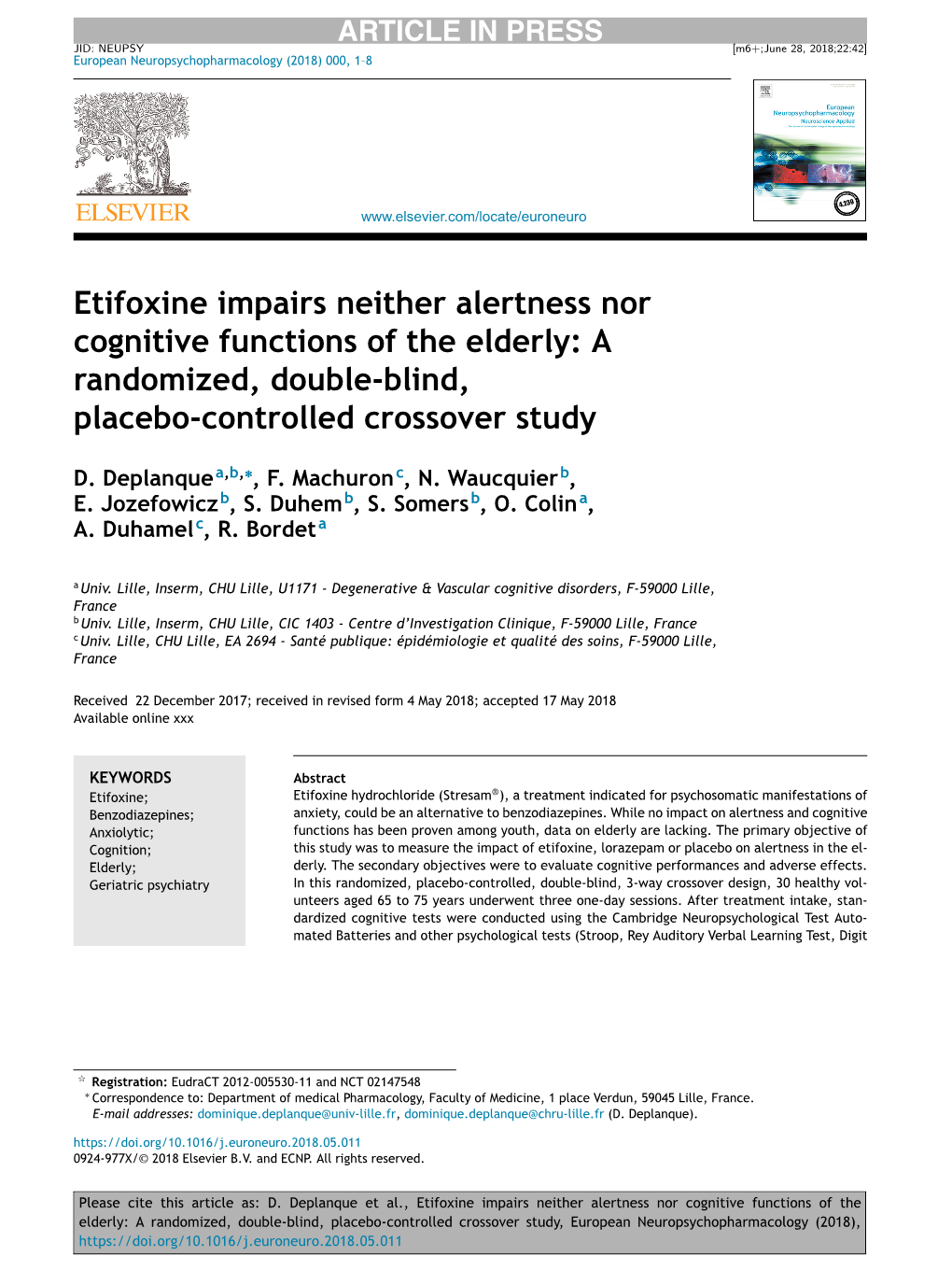 Etifoxine Impairs Neither Alertness Nor Cognitive Functions of the Elderly: a Randomized, Double-Blind, Placebo-Controlled Crossover Study