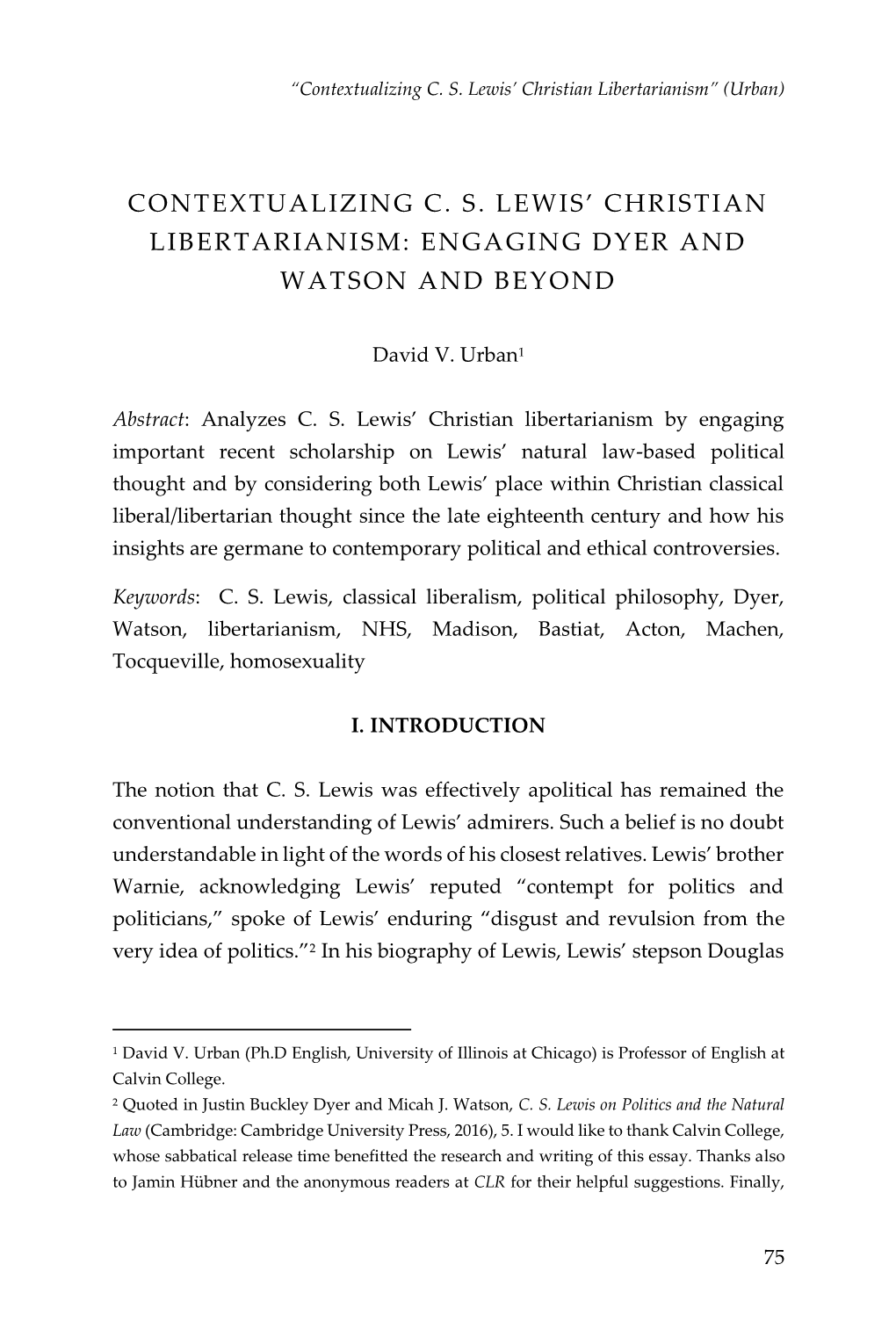 Contextualizing C. S. Lewis' Christian Libertarianism