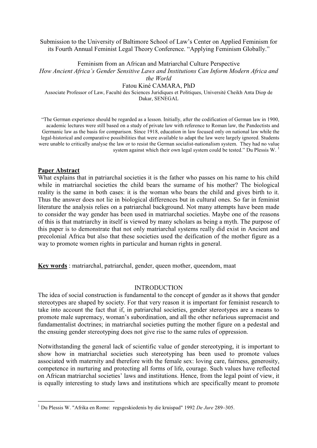 Submission to the University of Baltimore School of Law‟S Center on Applied Feminism for Its Fourth Annual Feminist Legal Theory Conference