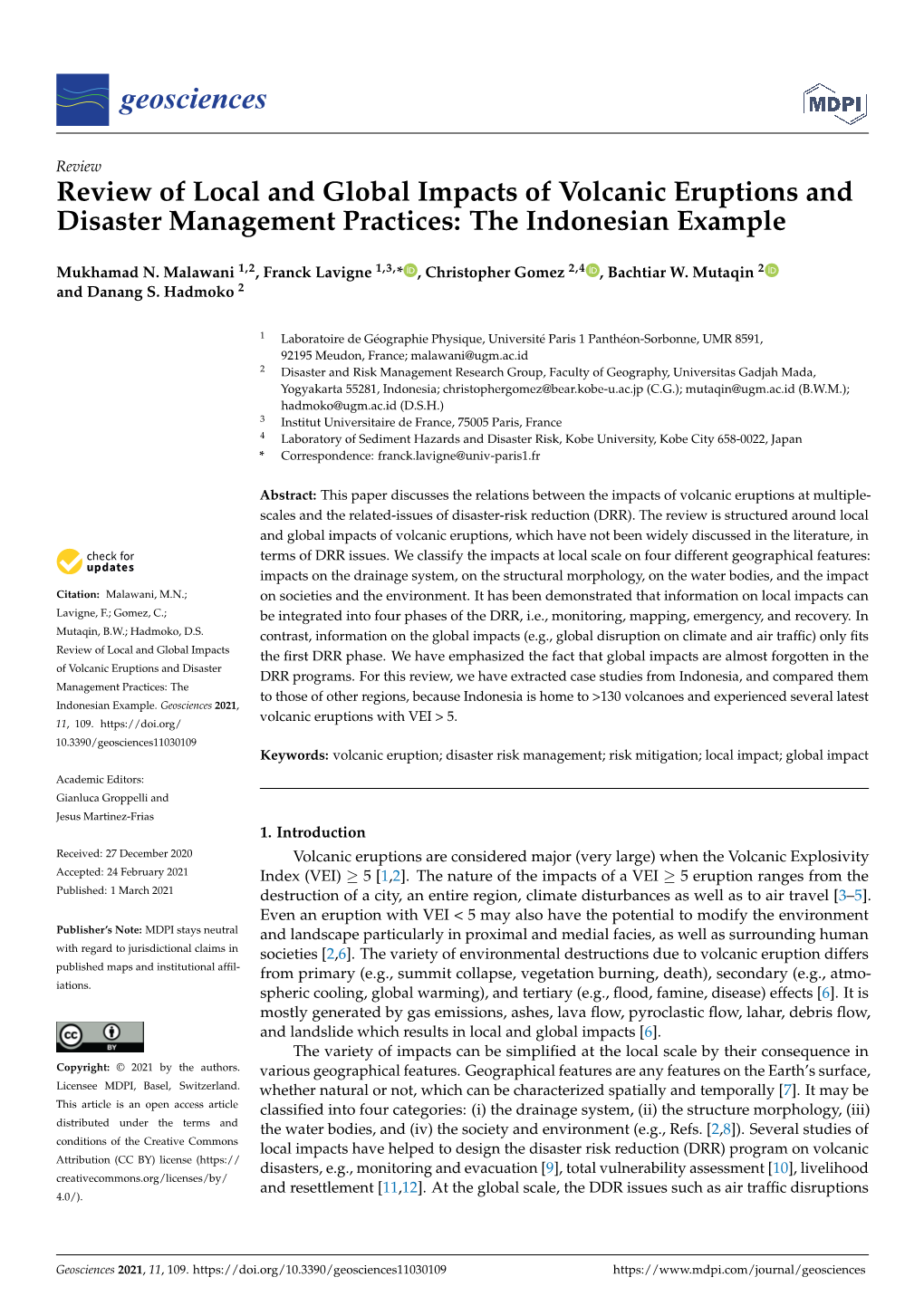 Review of Local and Global Impacts of Volcanic Eruptions and Disaster Management Practices: the Indonesian Example