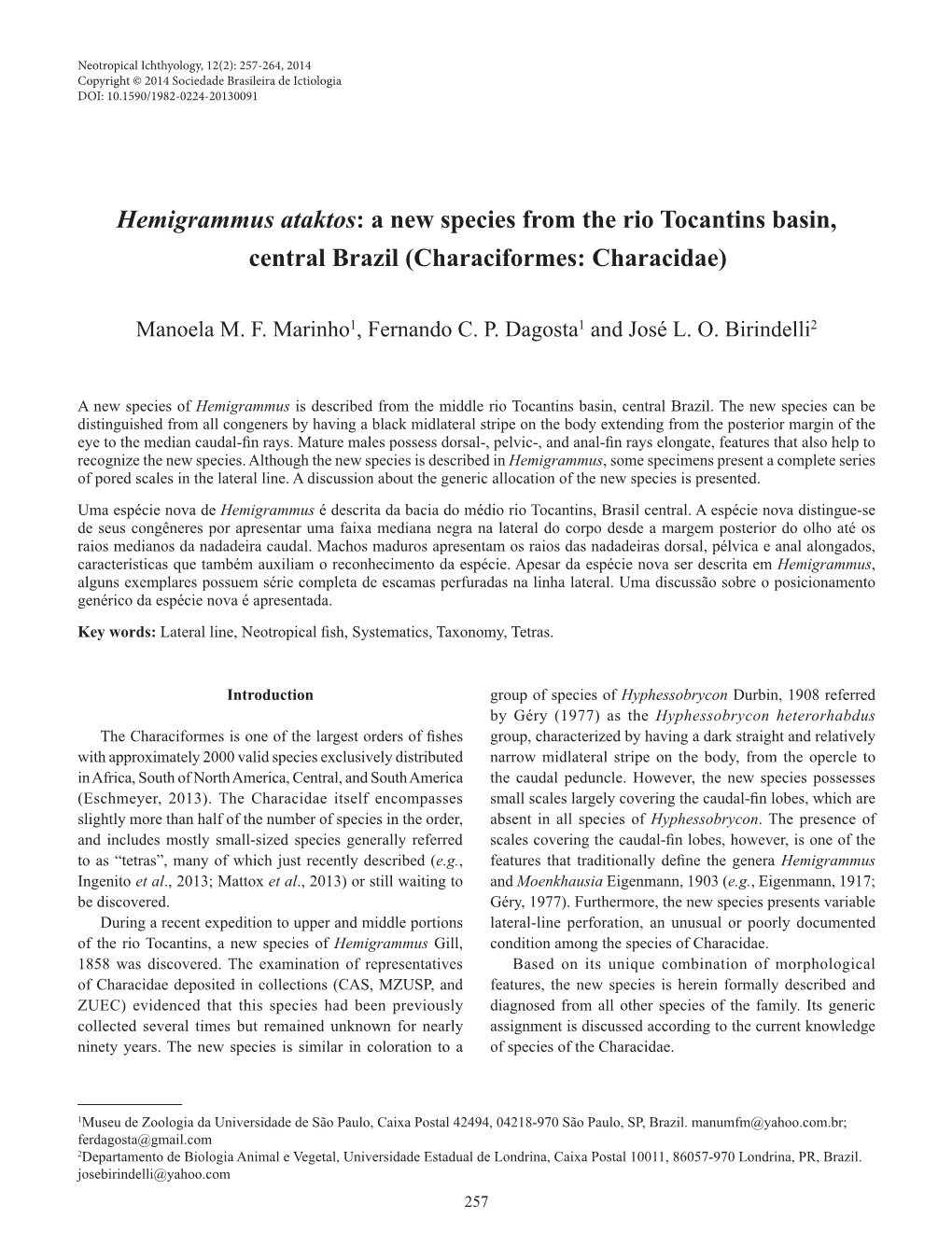 Hemigrammus Ataktos: a New Species from the Rio Tocantins Basin, Central Brazil (Characiformes: Characidae)