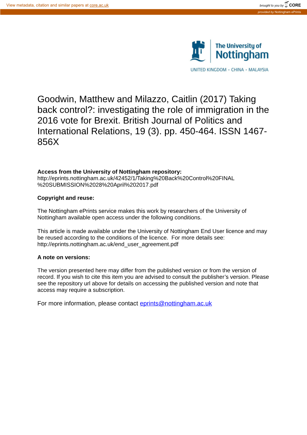 Goodwin, Matthew and Milazzo, Caitlin (2017) Taking Back Control?: Investigating the Role of Immigration in the 2016 Vote for Brexit