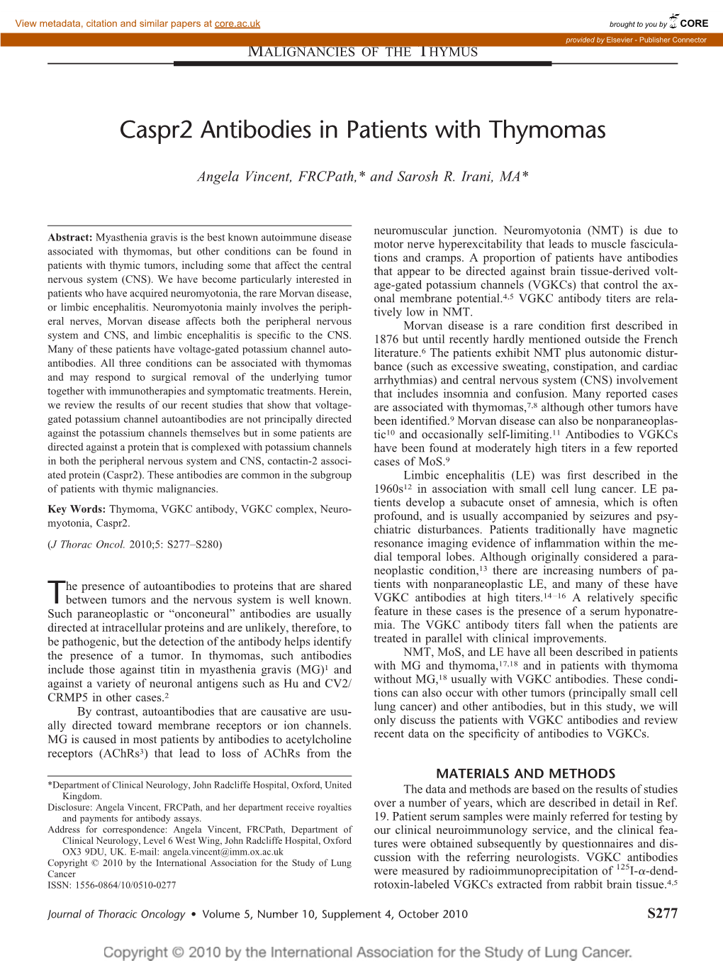 Caspr2 Antibodies in Patients with Thymomas