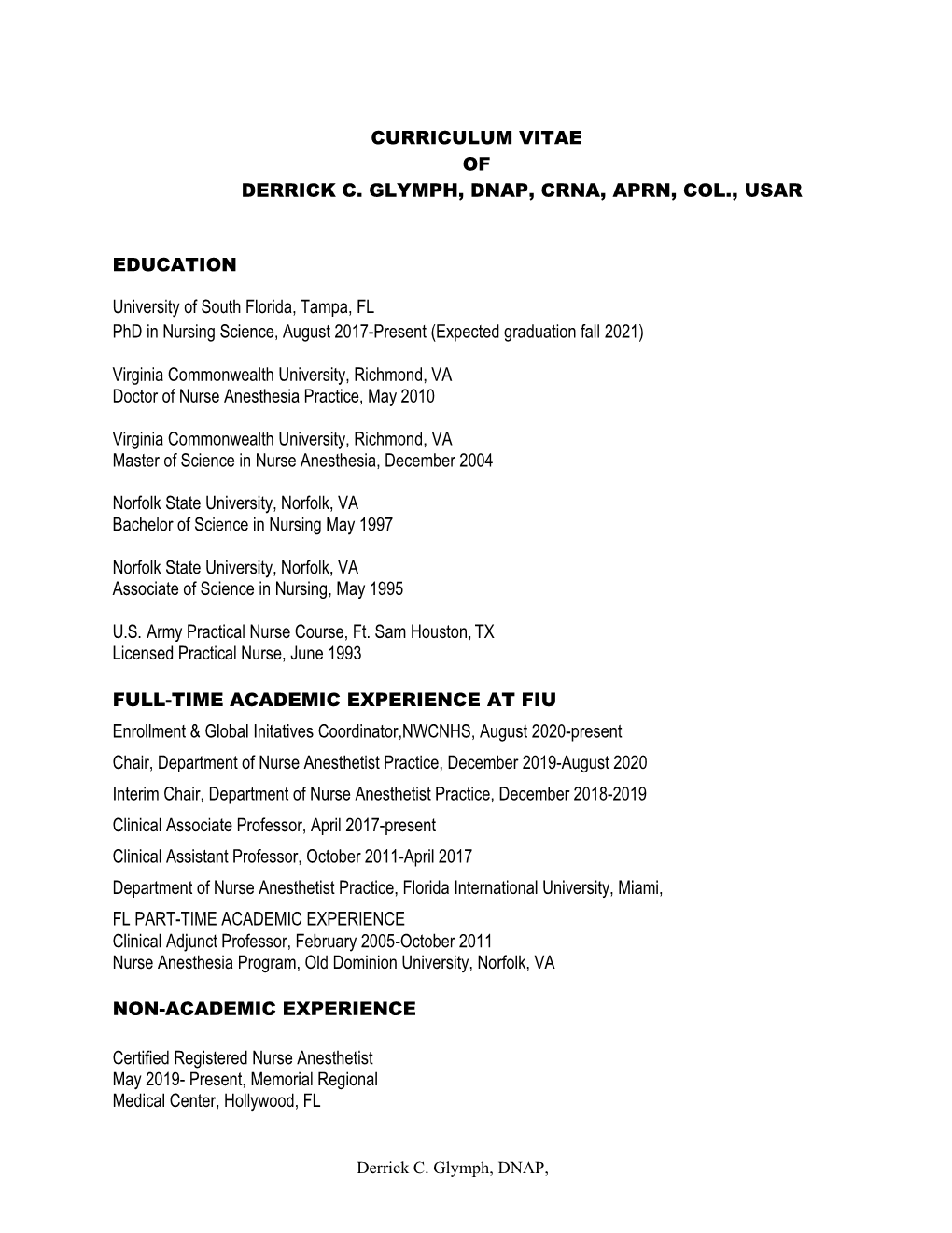 Curriculum Vitae of Derrick C. Glymph, Dnap, Crna, Aprn, Col., Usar