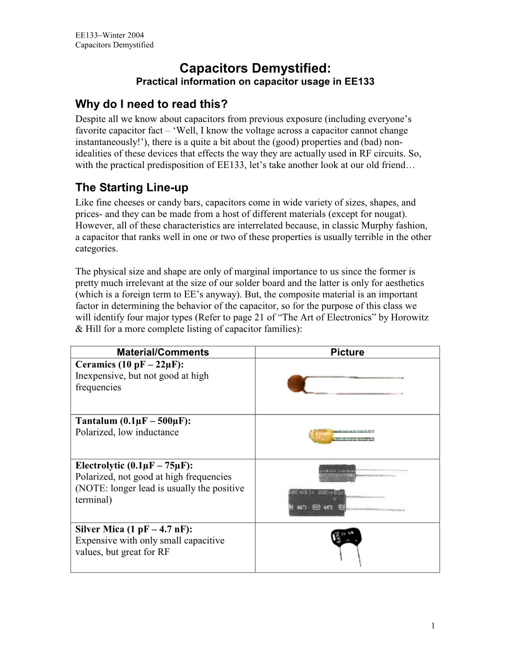 Capacitors Demystified: Practical Information on Capacitor Usage in EE133