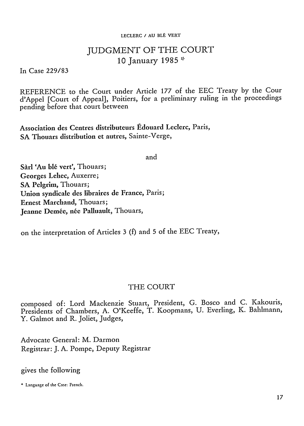 JUDGMENT of the COURT 10 January 1985 * in Case 229/83