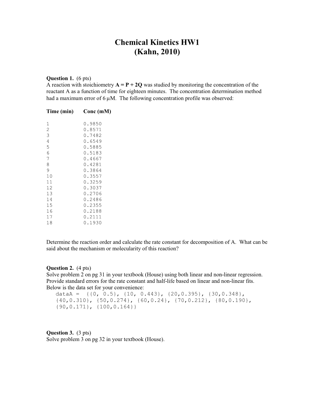 Chemical Kinetics HW1 (Kahn, 2010)