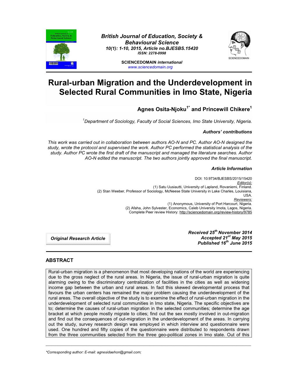 Rural-Urban Migration and the Underdevelopment in Selected Rural Communities in Imo State, Nigeria