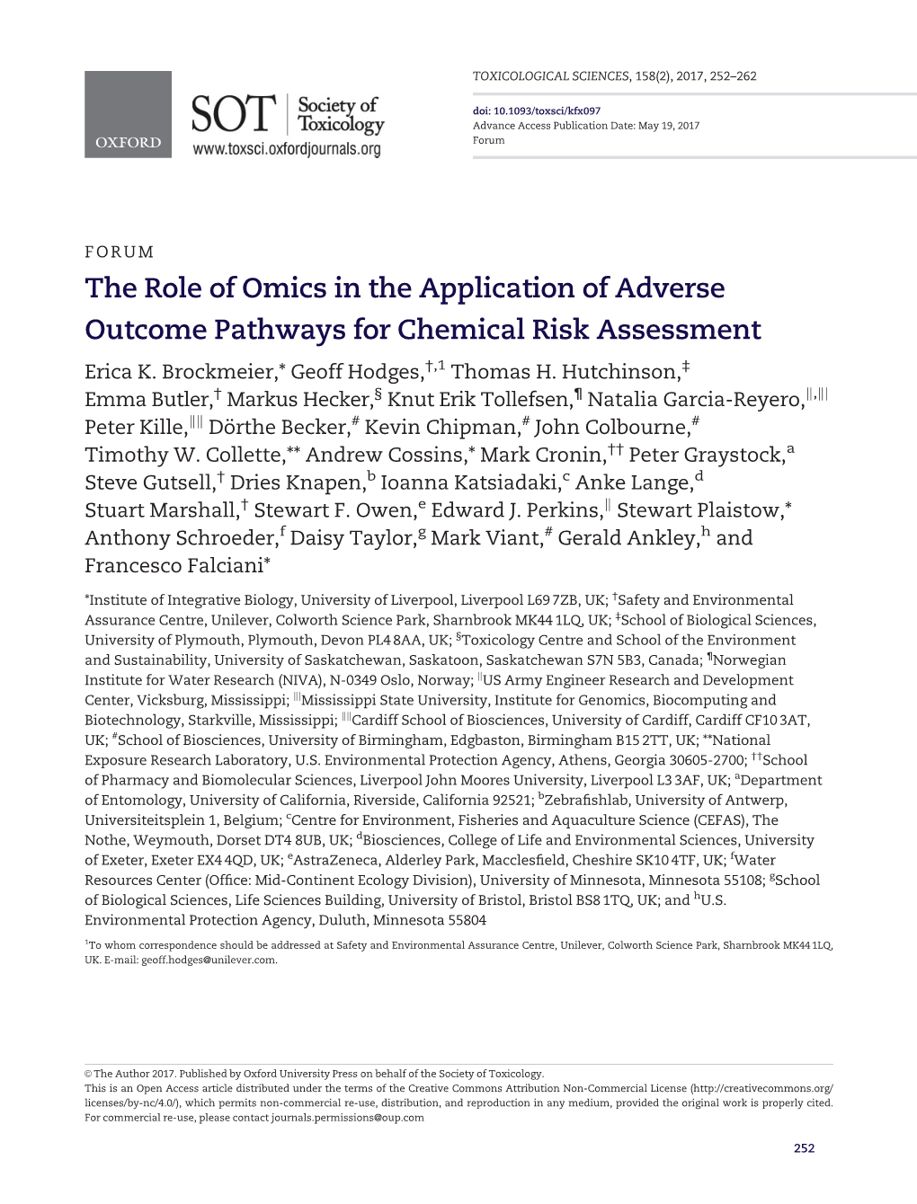 The Role of Omics in the Application of Adverse Outcome Pathways for Chemical Risk Assessment Erica K