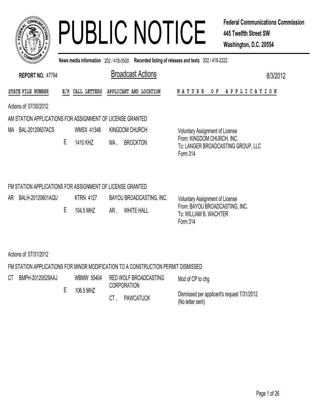 Broadcast Actions 8/3/2012